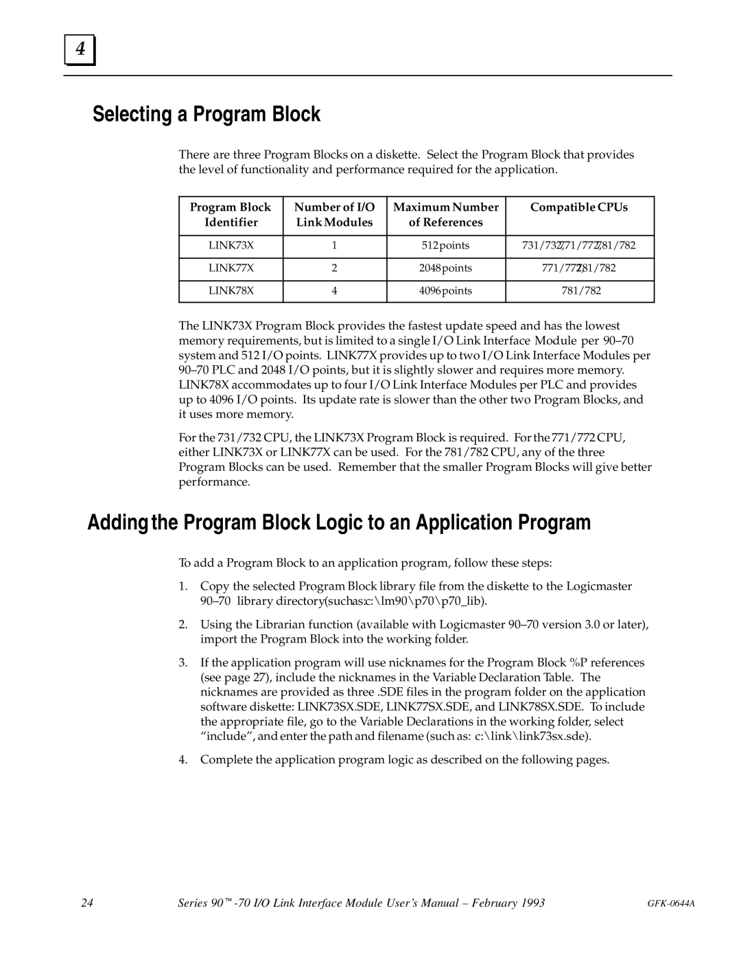 GE Series 90-70 manual Selecting a Program Block, Adding the Program Block Logic to an Application Program 