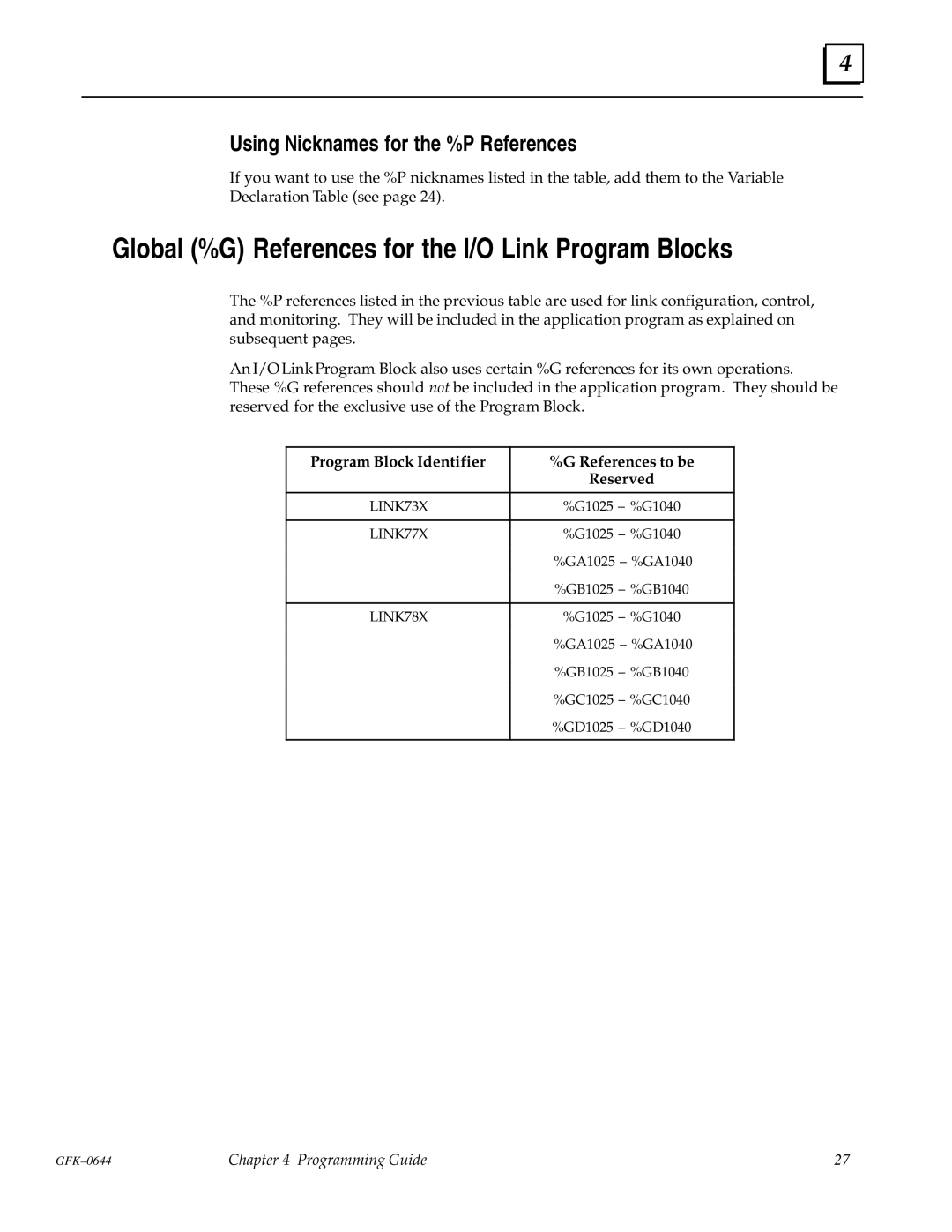 GE Series 90-70 manual Global %G References for the I/O Link Program Blocks, Using Nicknames for the %P References 