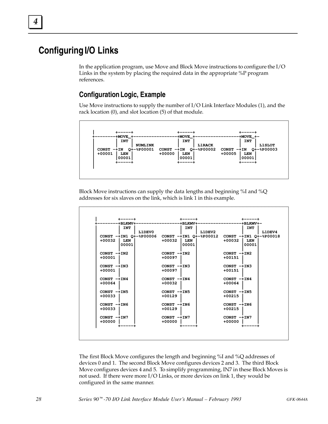 GE Series 90-70 manual Configuring I/O Links, Configuration Logic, Example 