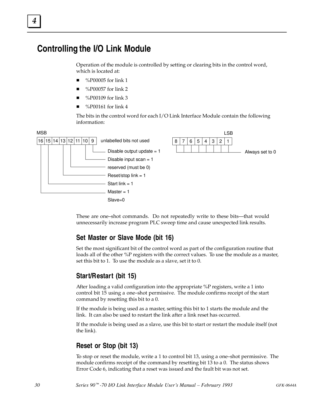 GE Series 90-70 manual Controlling the I/O Link Module, Set Master or Slave Mode bit, Start/Restart bit, Reset or Stop bit 