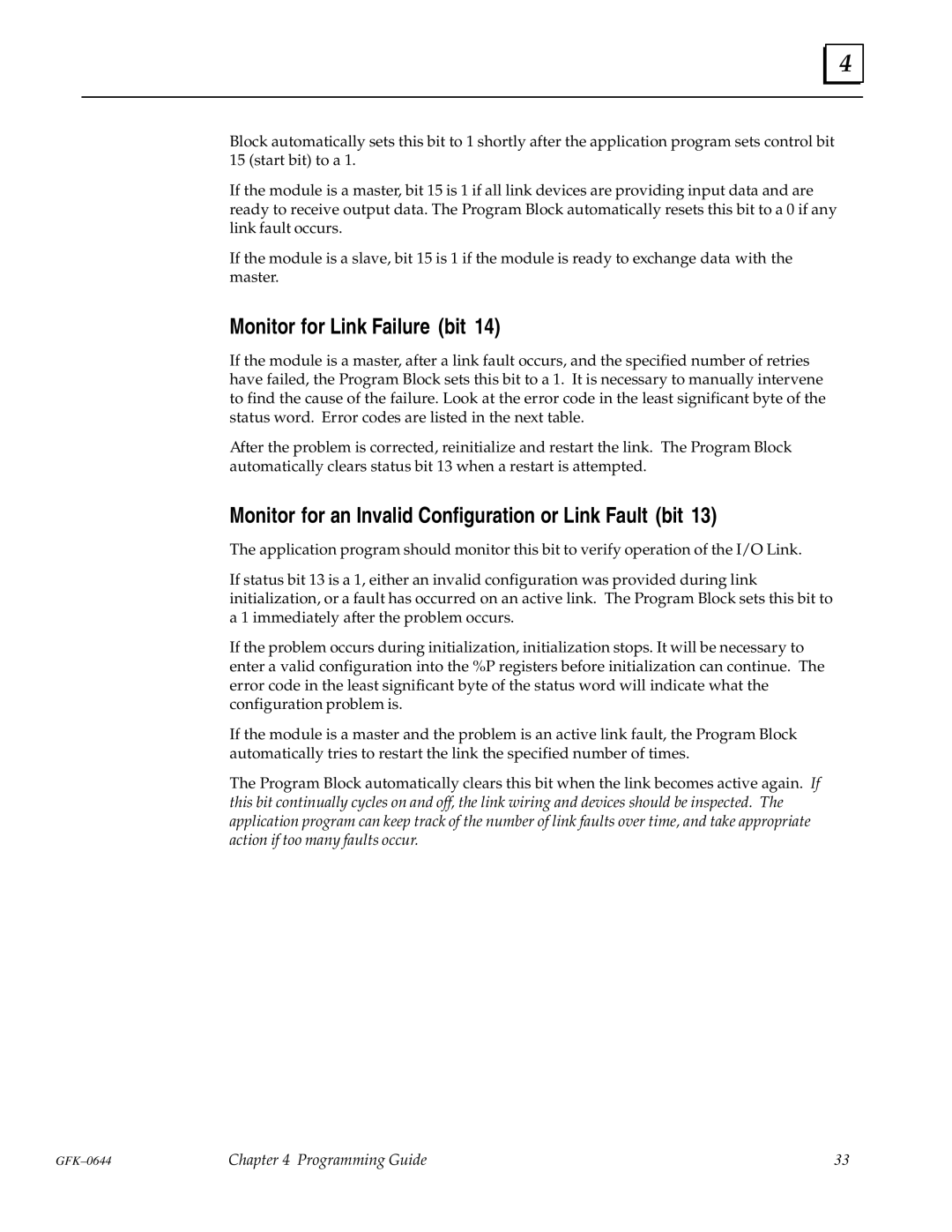 GE Series 90-70 manual Monitor for Link Failure bit, Monitor for an Invalid Configuration or Link Fault bit 