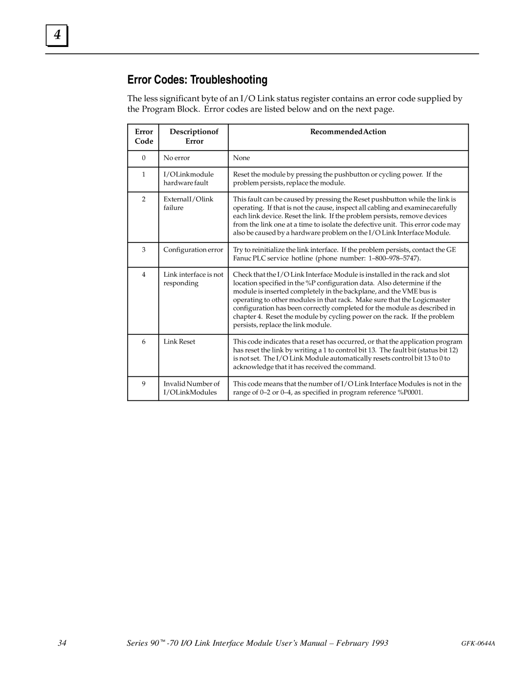 GE Series 90-70 manual Error Codes Troubleshooting, Error Description RecommendedAction Code 