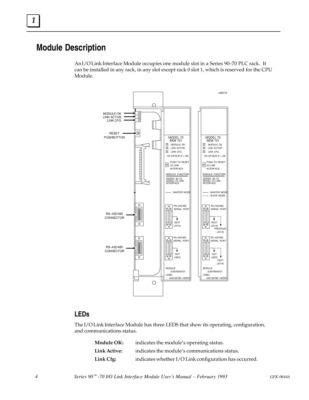 GE Series 90-70 manual Module Description, LEDs 