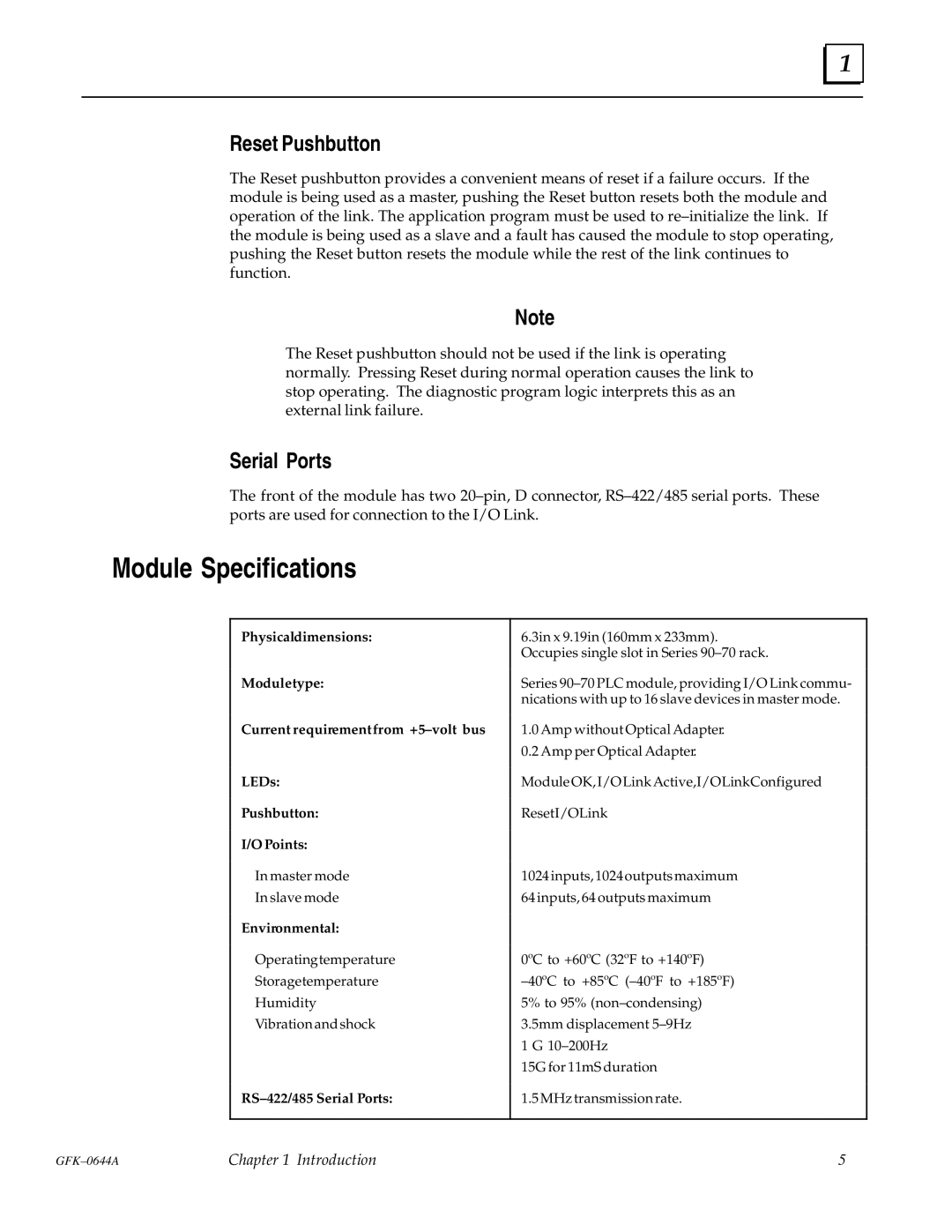 GE Series 90-70 manual Module Specifications, Reset Pushbutton, Serial Ports 