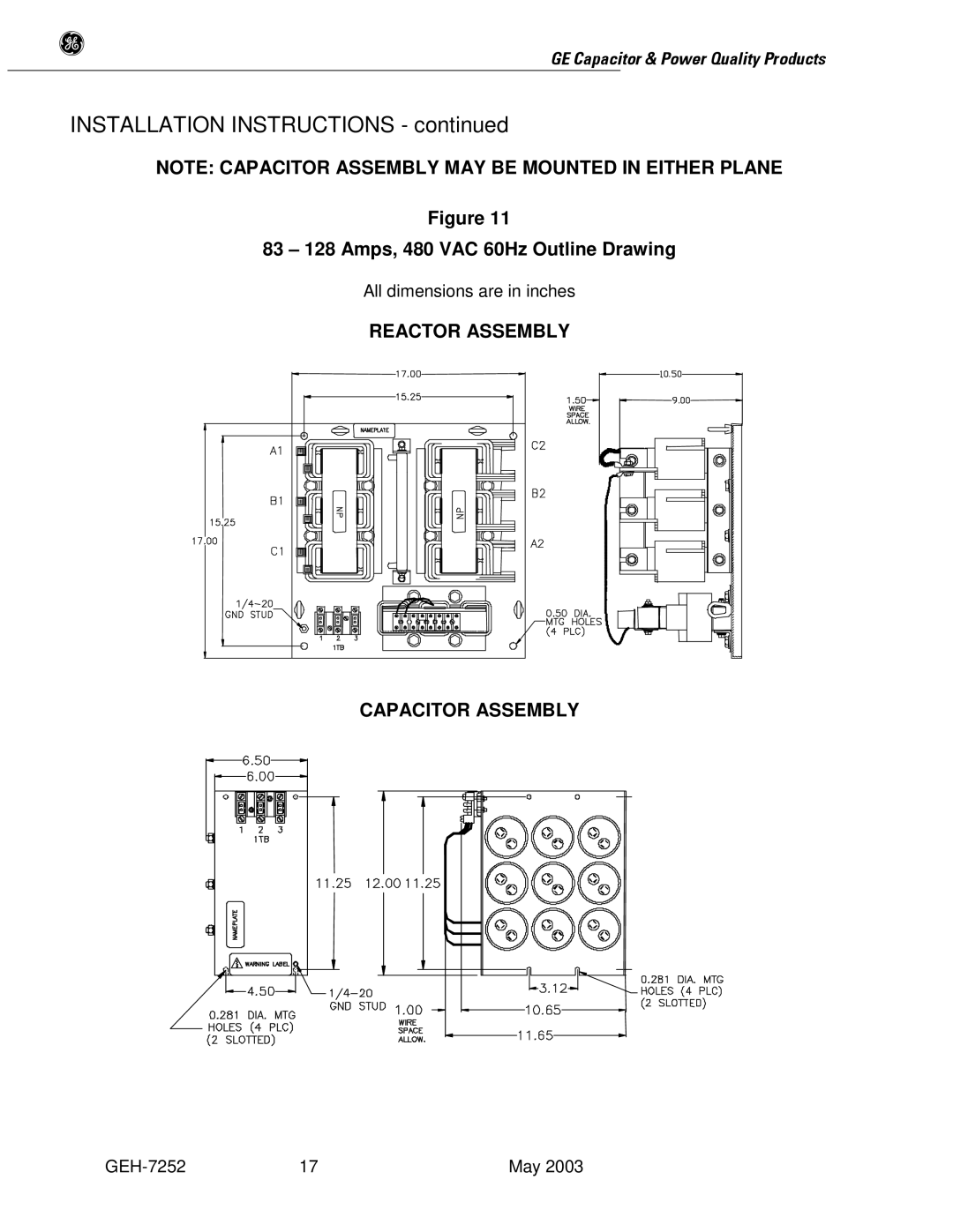 GE SERIES B 480 user manual 83 128 Amps, 480 VAC 60Hz Outline Drawing 