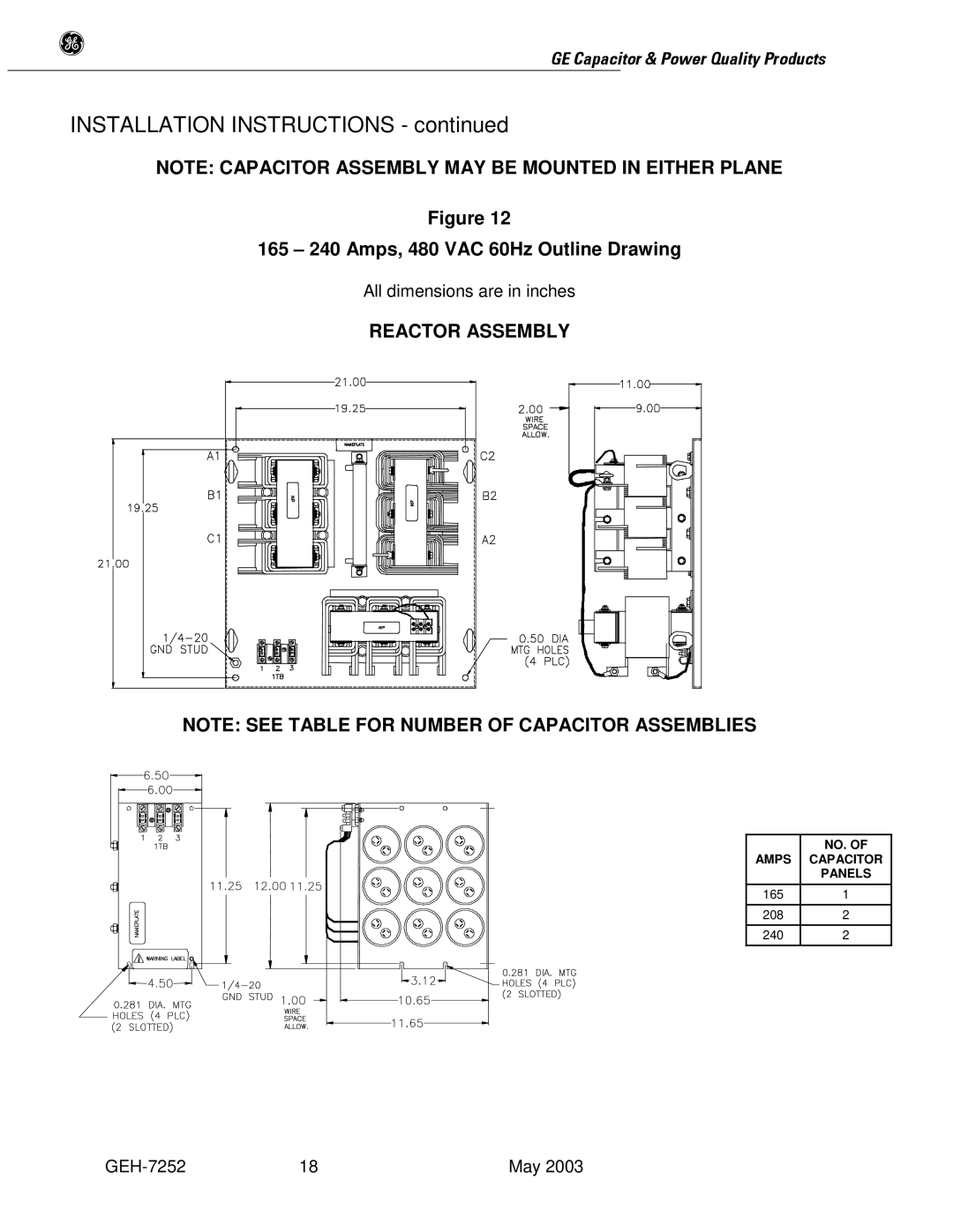 GE SERIES B 480 user manual 165 240 Amps, 480 VAC 60Hz Outline Drawing 