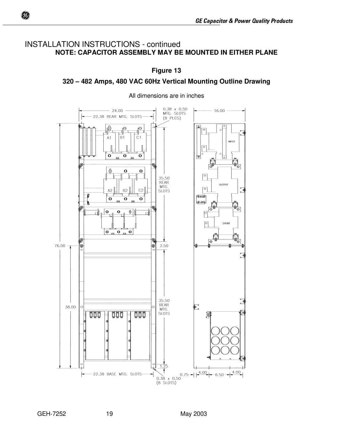 GE SERIES B 480 user manual 320 482 Amps, 480 VAC 60Hz Vertical Mounting Outline Drawing 