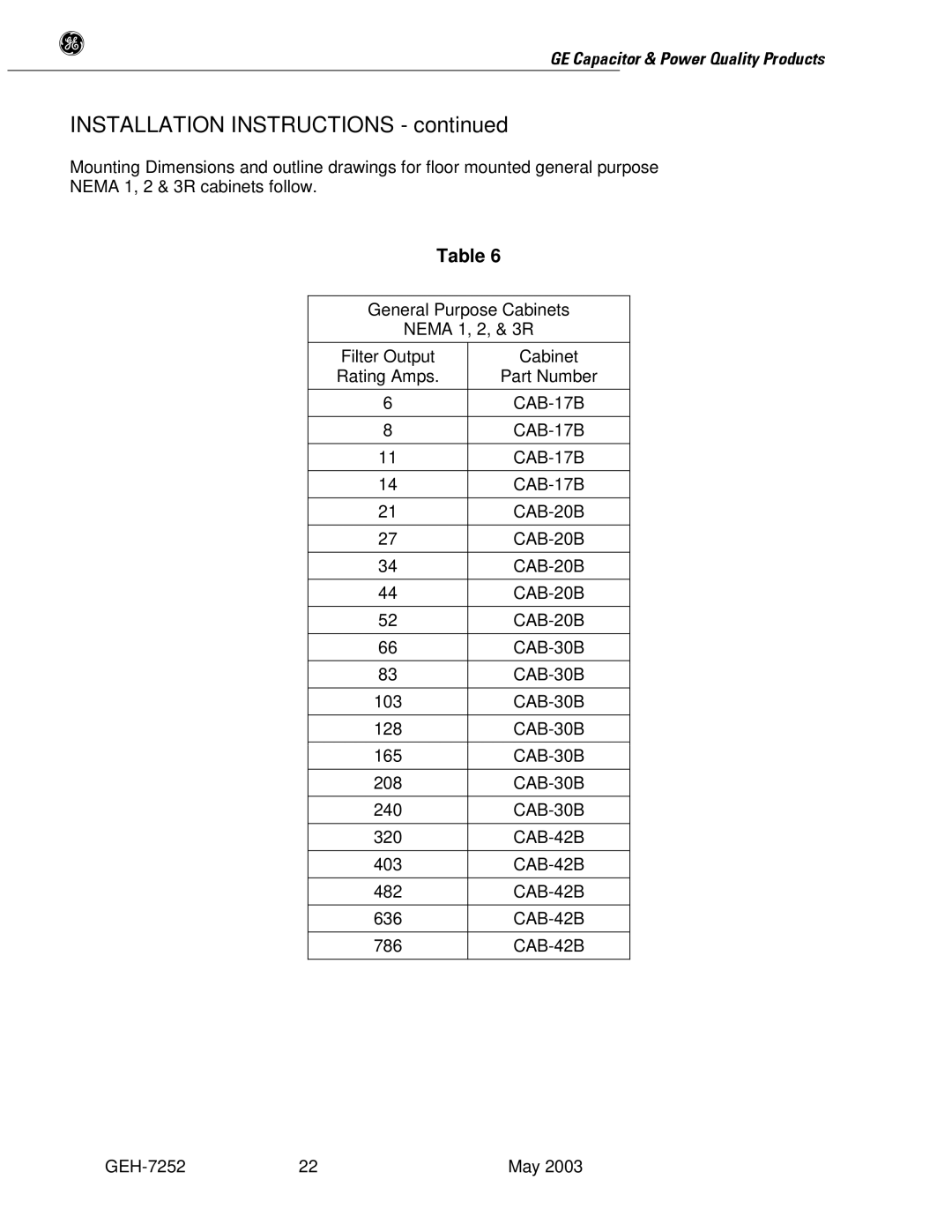 GE SERIES B 480 user manual Installation Instructions 