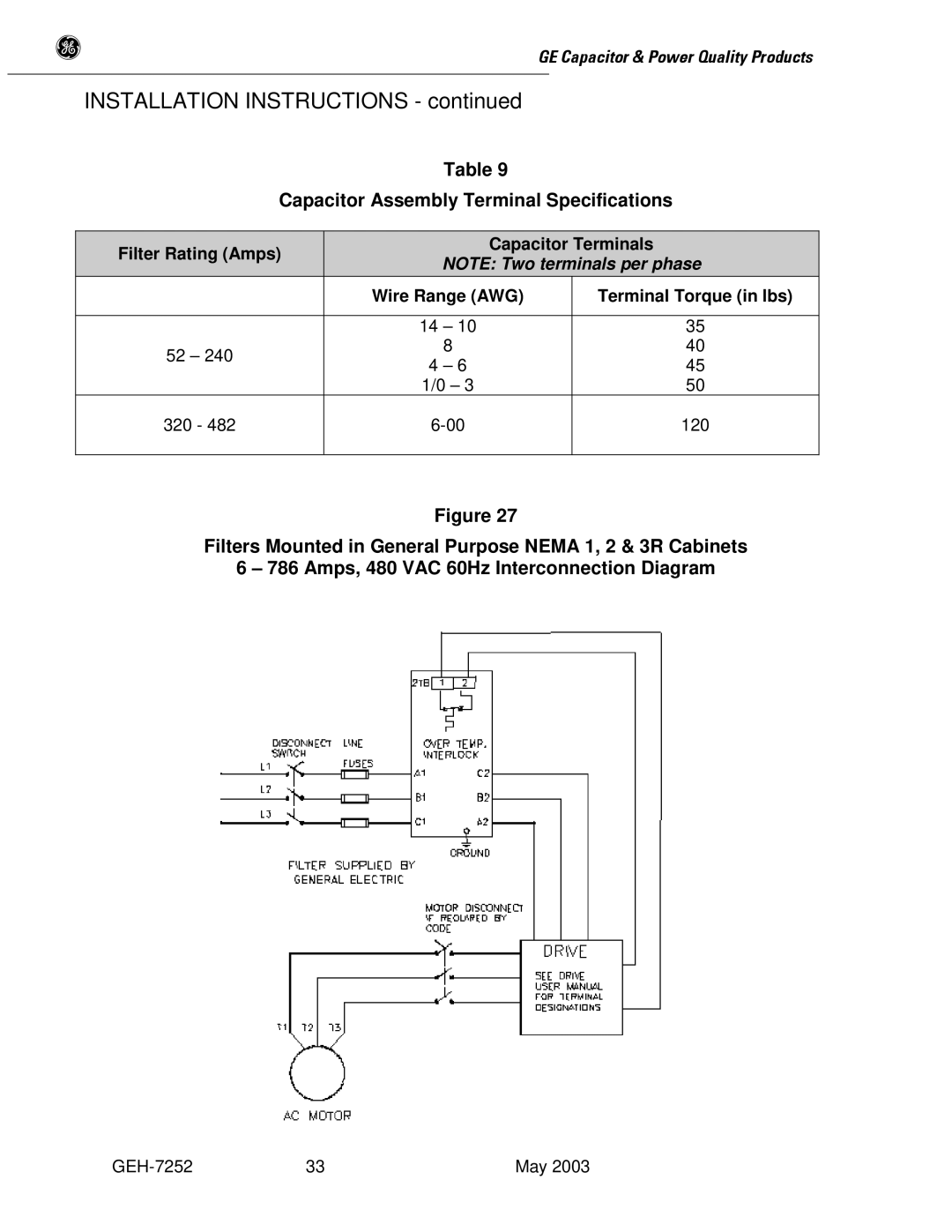 GE SERIES B 480 user manual Capacitor Assembly Terminal Specifications 