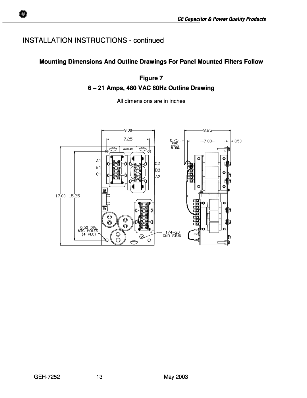 GE SERIES B 480 user manual INSTALLATION INSTRUCTIONS - continued, 21 Amps, 480 VAC 60Hz Outline Drawing 