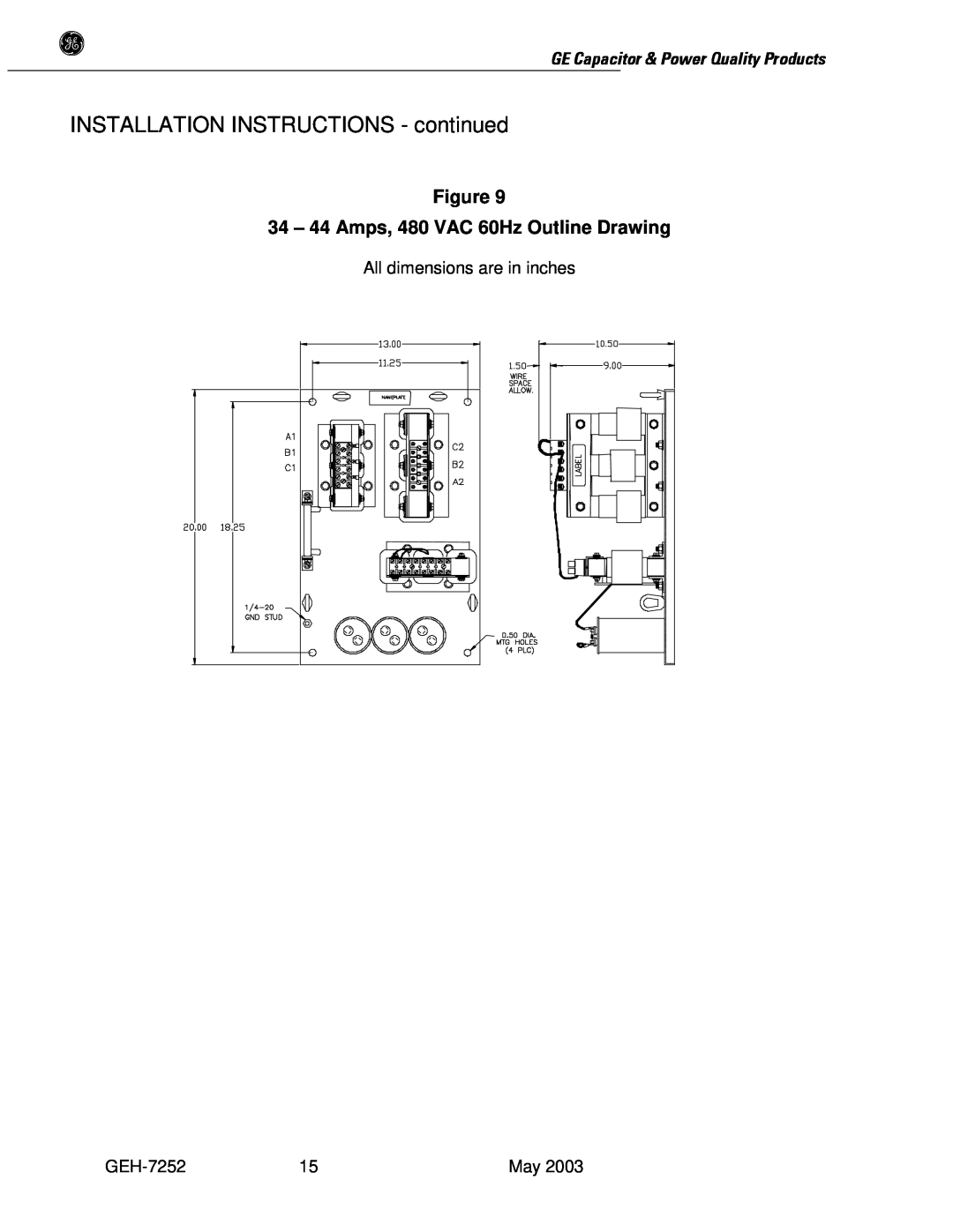 GE SERIES B 480 44 Amps, 480 VAC 60Hz Outline Drawing, INSTALLATION INSTRUCTIONS - continued, All dimensions are in inches 
