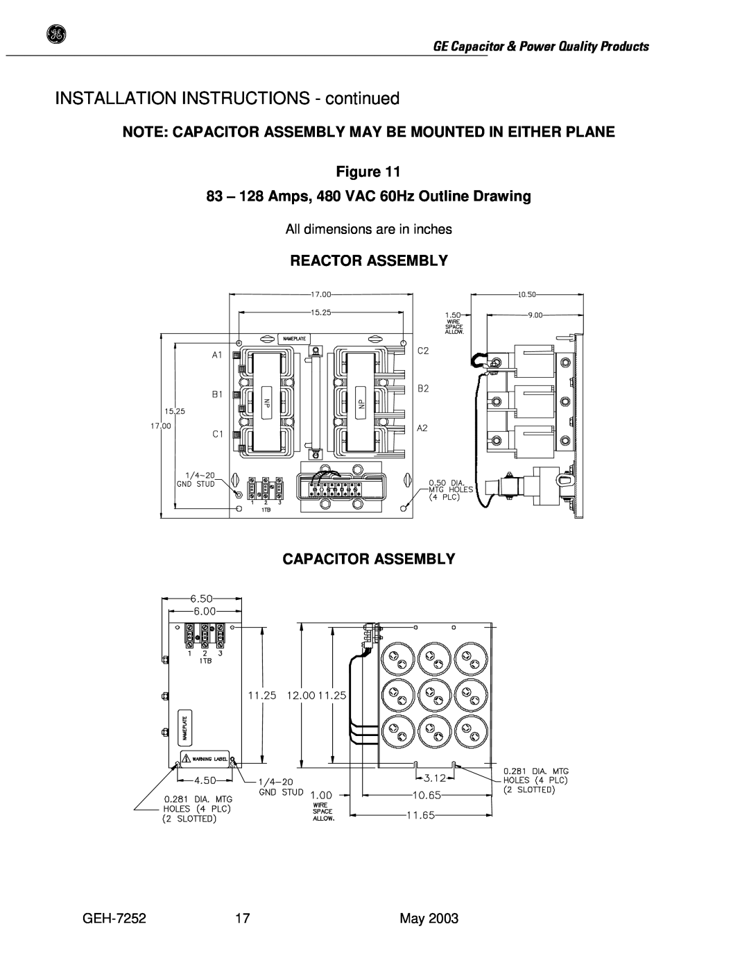 GE SERIES B 480 user manual 83 - 128 Amps, 480 VAC 60Hz Outline Drawing, INSTALLATION INSTRUCTIONS - continued 