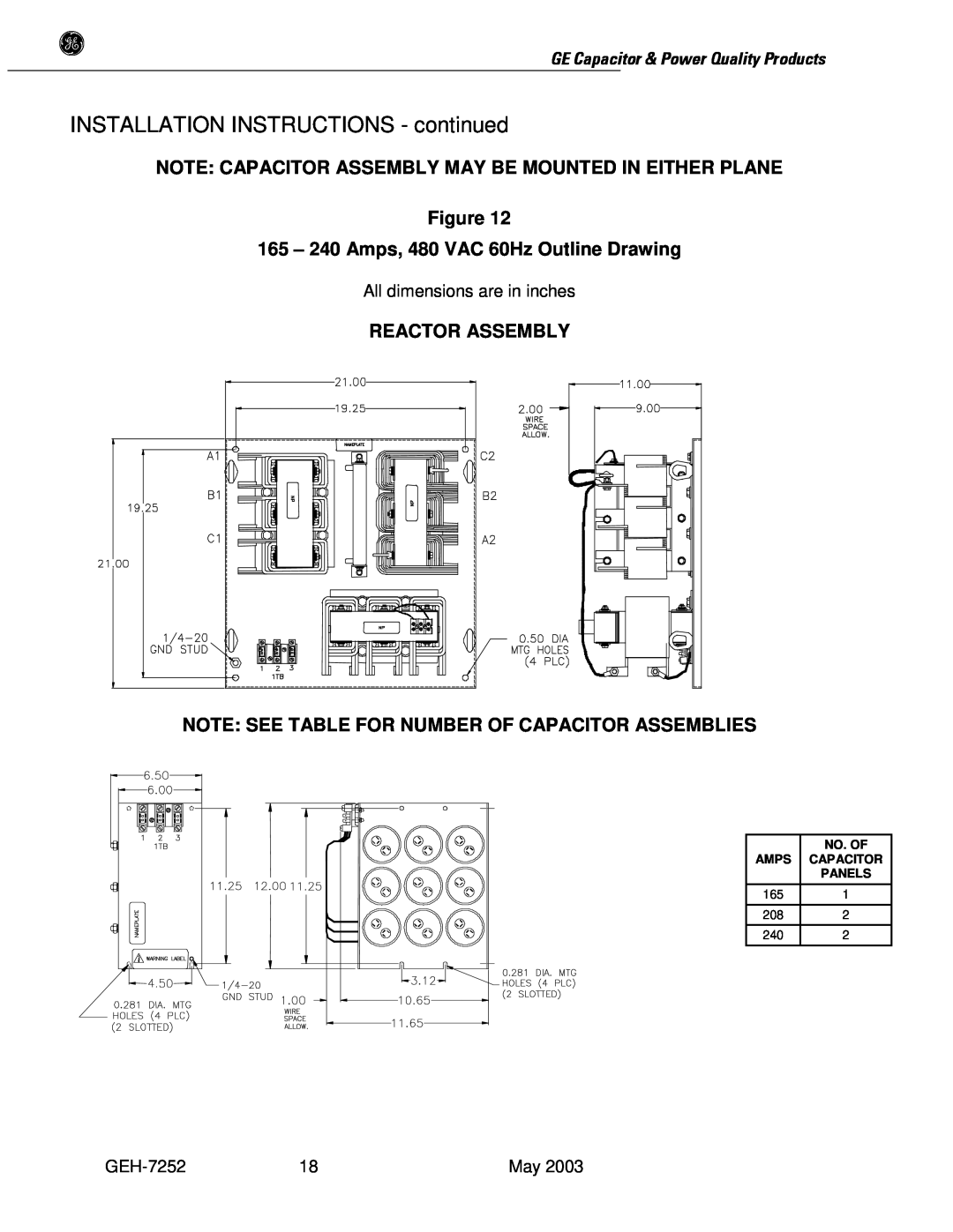 GE SERIES B 480 165 - 240 Amps, 480 VAC 60Hz Outline Drawing, Reactor Assembly, INSTALLATION INSTRUCTIONS - continued 