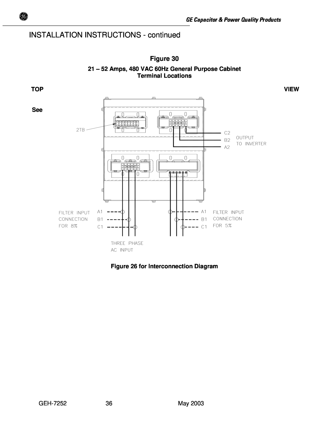 GE SERIES B 480 INSTALLATION INSTRUCTIONS - continued, Terminal Locations, View, See for Interconnection Diagram 