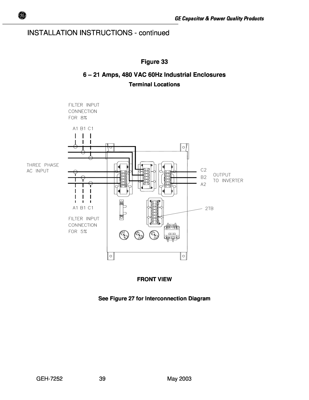 GE SERIES B 480 user manual 6 - 21 Amps, 480 VAC 60Hz Industrial Enclosures, INSTALLATION INSTRUCTIONS - continued 