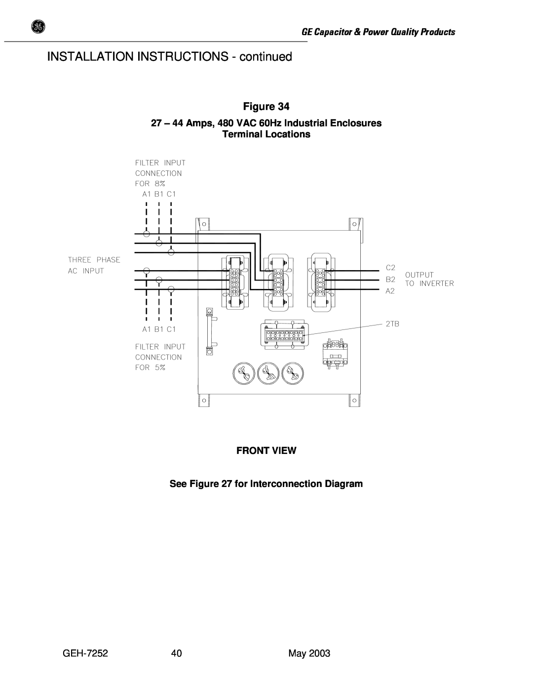 GE SERIES B 480 user manual INSTALLATION INSTRUCTIONS - continued, GE Capacitor & Power Quality Products 