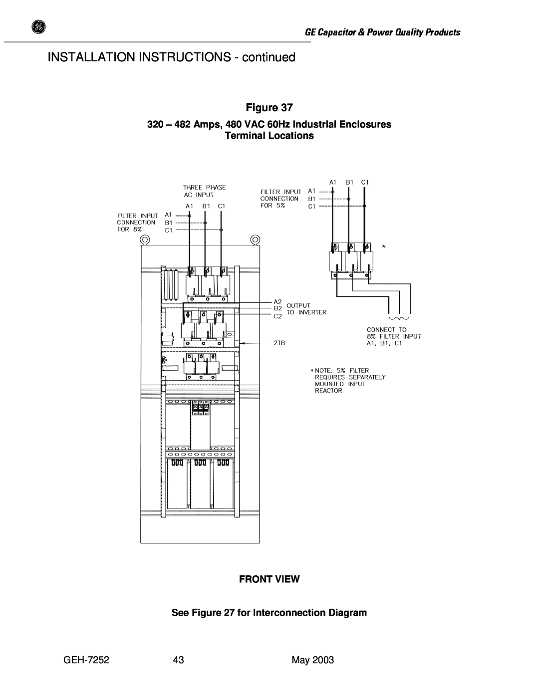 GE SERIES B 480 user manual INSTALLATION INSTRUCTIONS - continued, GE Capacitor & Power Quality Products, GEH-7252 