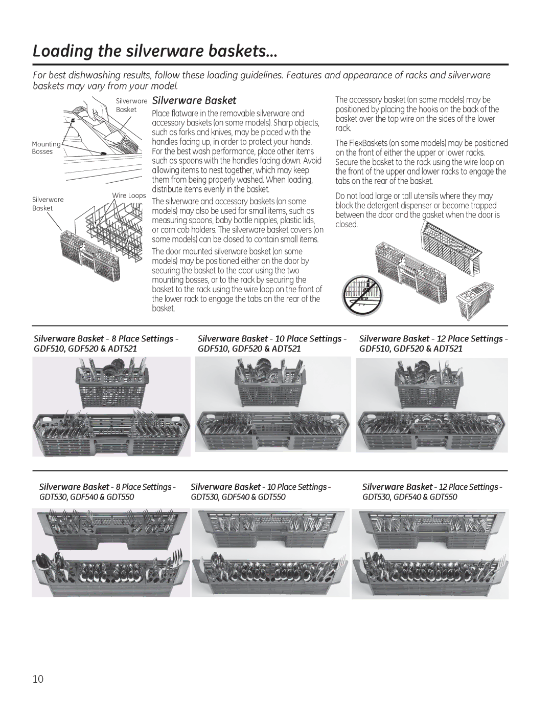 GE Series GDT530-550, Series GDF510-540, ADT520 Loading the silverware baskets…, Silverware Basket, GDF510, GDF520 & ADT521 