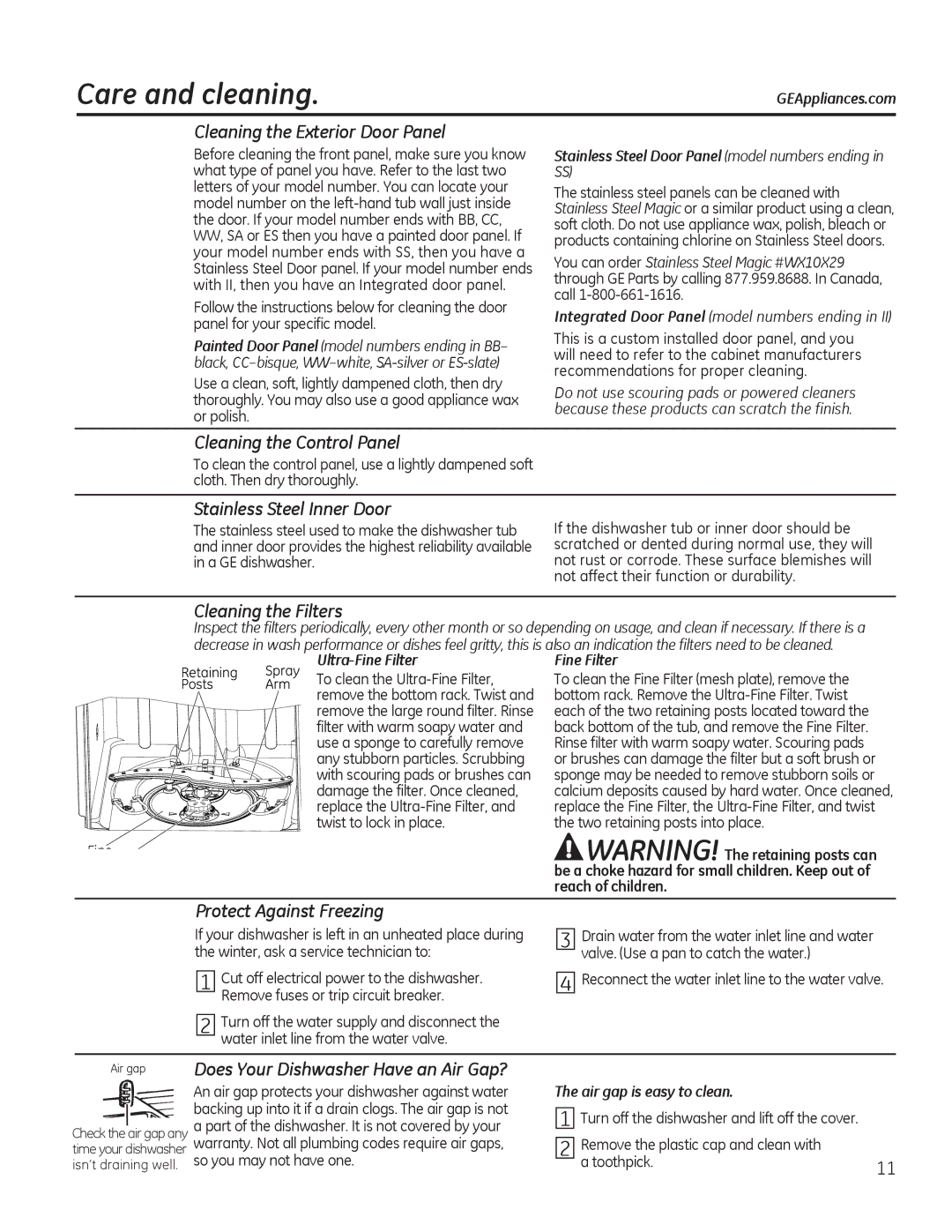 GE ADT520, Series GDF510-540, Series GDT530-550 owner manual Care and cleaning 