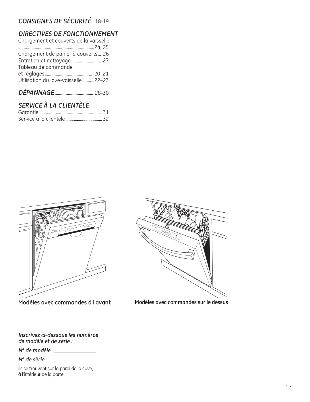 GE ADT520 owner manual De modèle De série, Chargement et couverts de la vaisselle, Chargement de panier à couverts, 20-21 