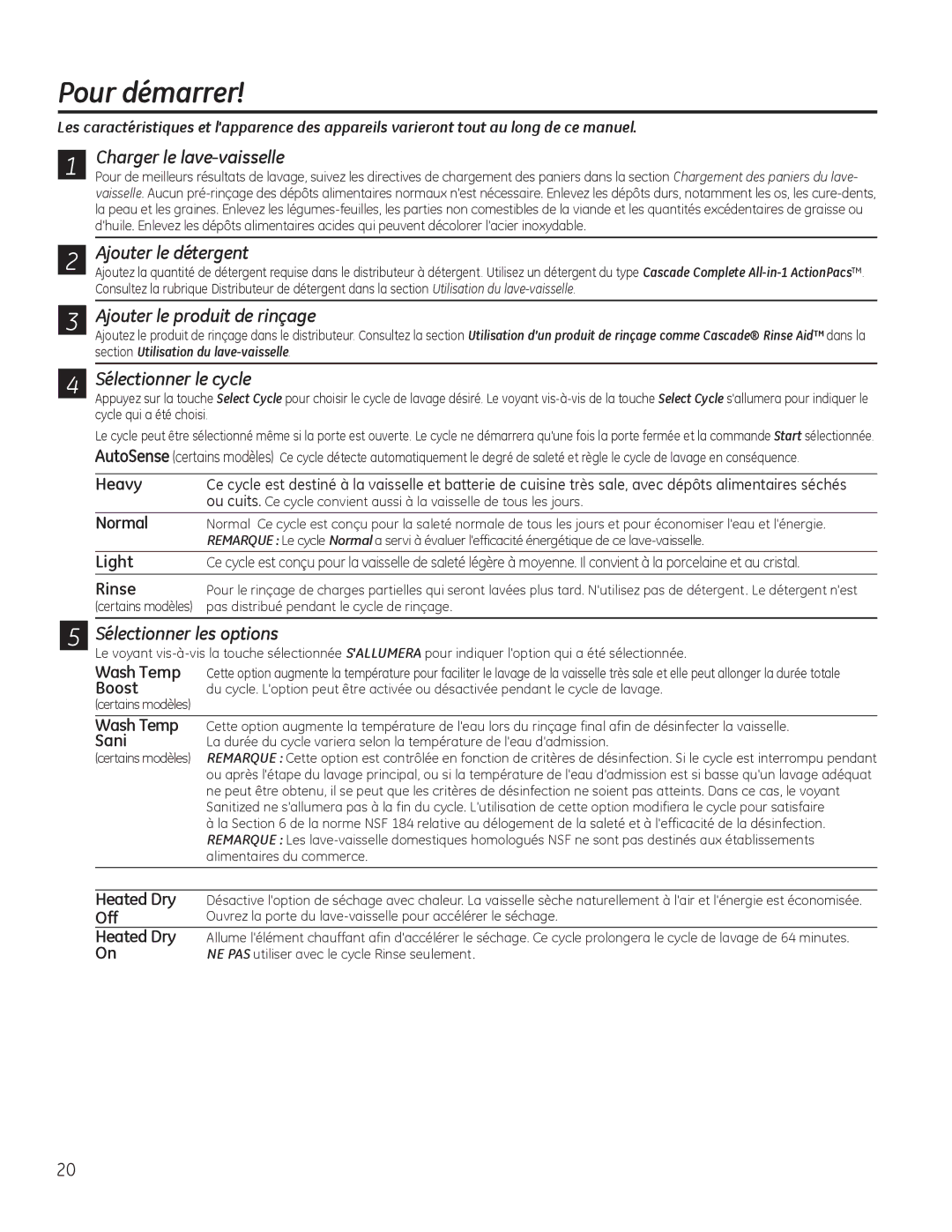 GE ADT520, Series GDF510-540, Series GDT530-550 owner manual Pour démarrer 