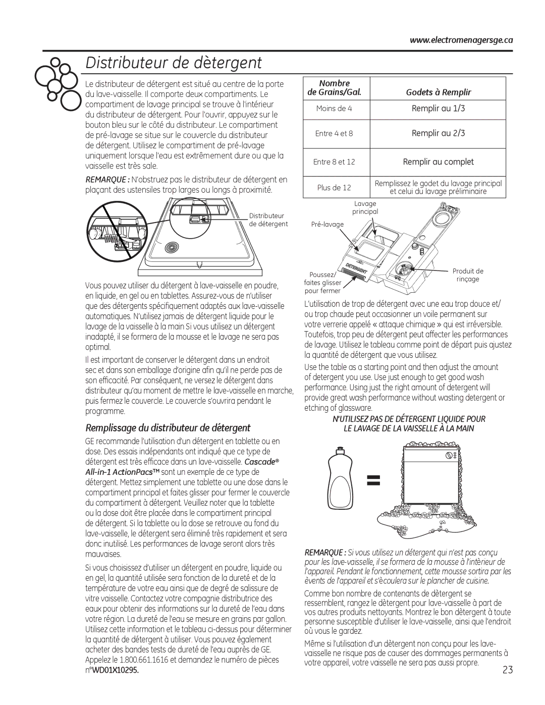 GE ADT520 owner manual Distributeur de dètergent, Remplissage du distributeur de détergent, De Grains/Gal, Remplir au 1/3 