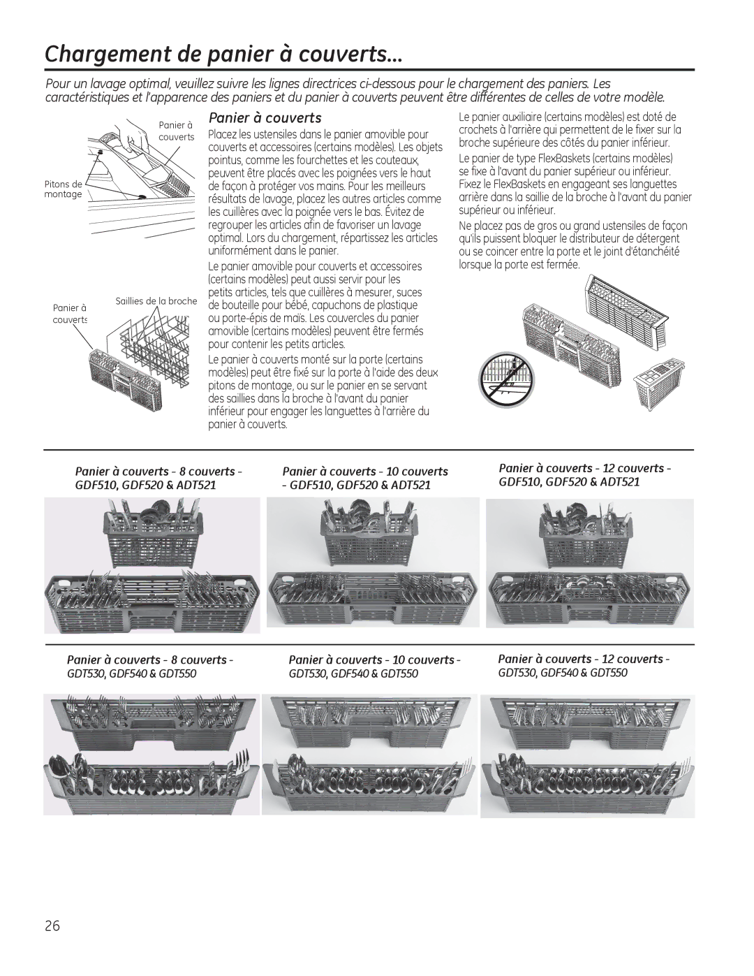 GE ADT520, Series GDF510-540, Series GDT530-550 Chargement de panier à couverts…, Panier à couverts 12 couverts 