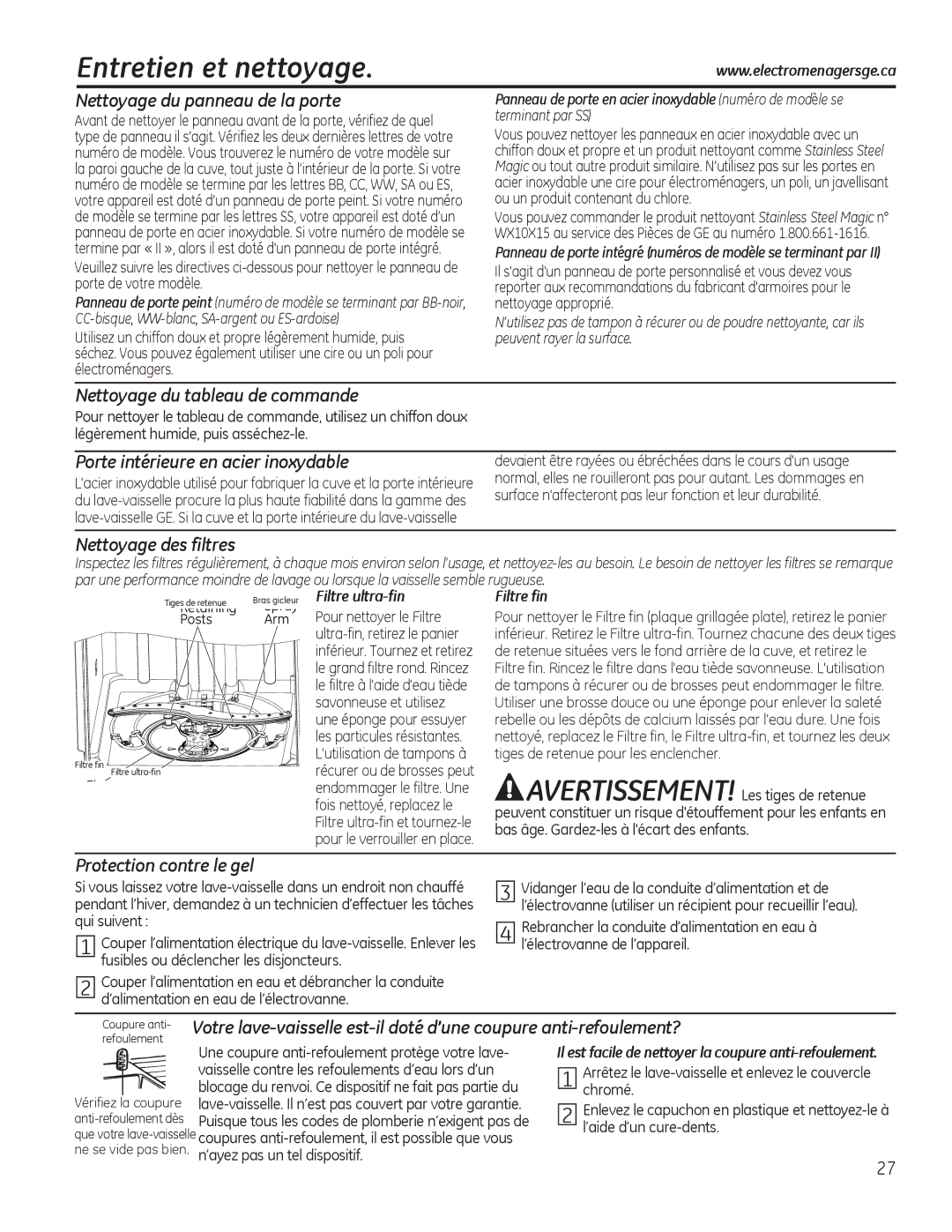 GE Series GDF510-540, Series GDT530-550, ADT520 owner manual Entretien et nettoyage 