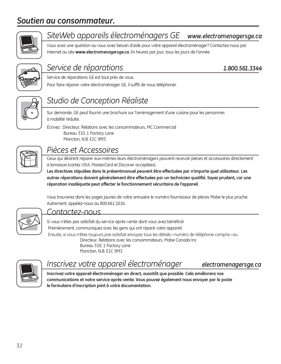 GE ADT520 owner manual Soutien au consommateur Service de réparations, Studio de Conception Réaliste, Pièces et Accessoires 