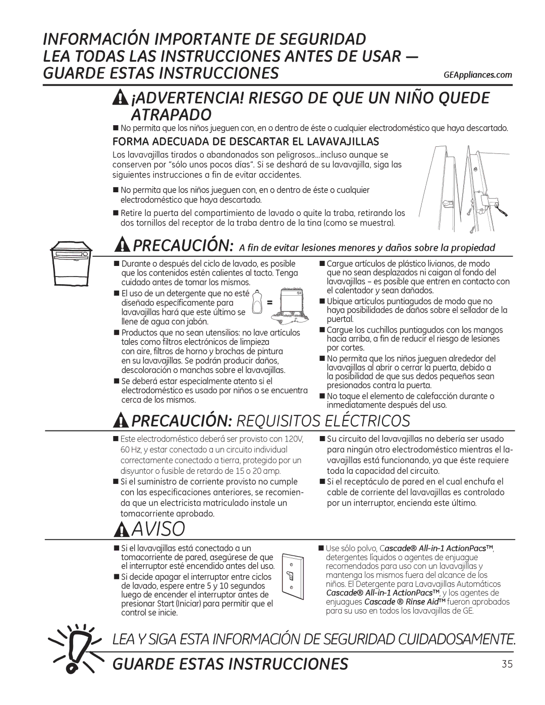 GE ADT520, Series GDF510-540 owner manual Guarde Estas Instrucciones, ¡ADVERTENCIA! Riesgo DE QUE UN Niño Quede Atrapado 