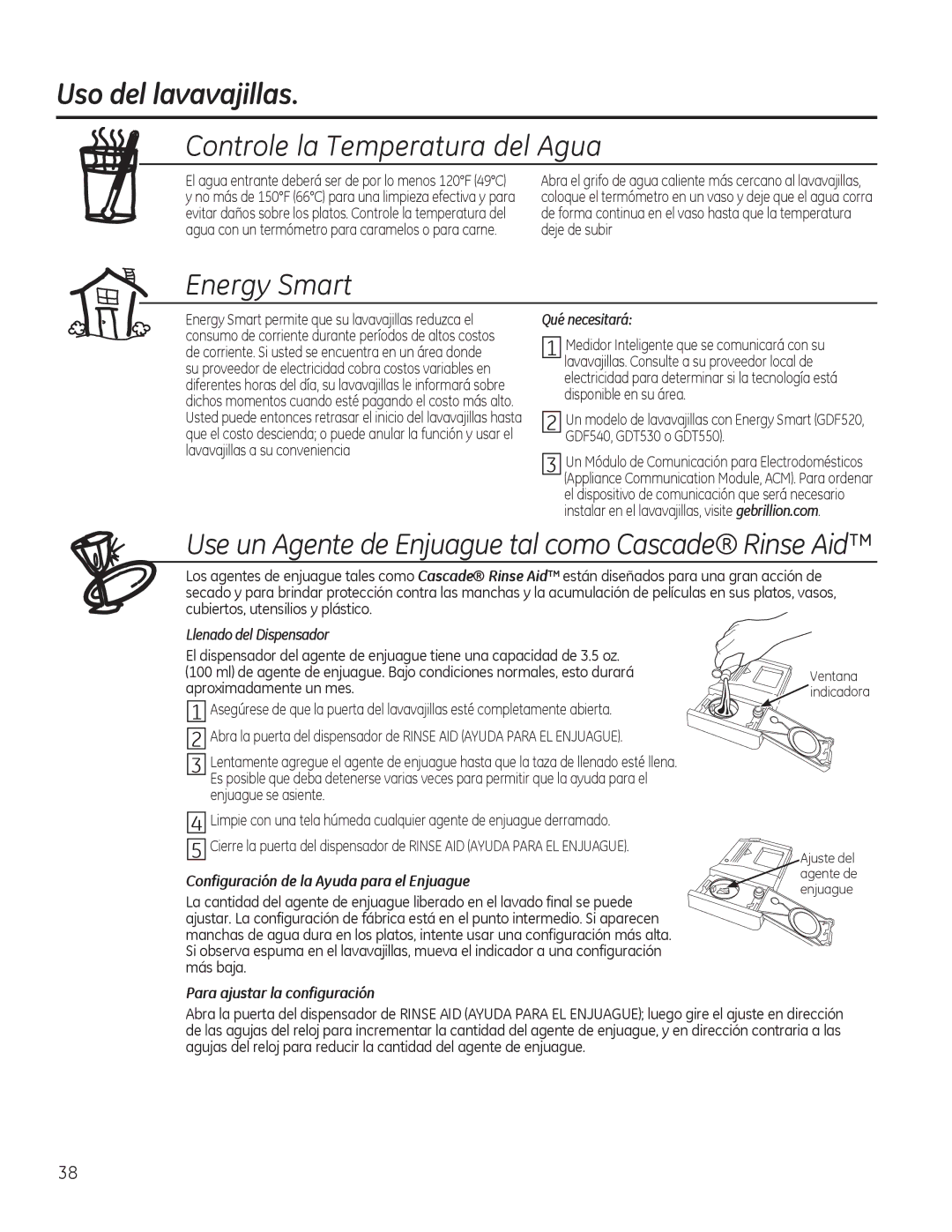 GE ADT520, Series GDF510-540, Series GDT530-550 owner manual Uso del lavavajillas, Controle la Temperatura del Agua 