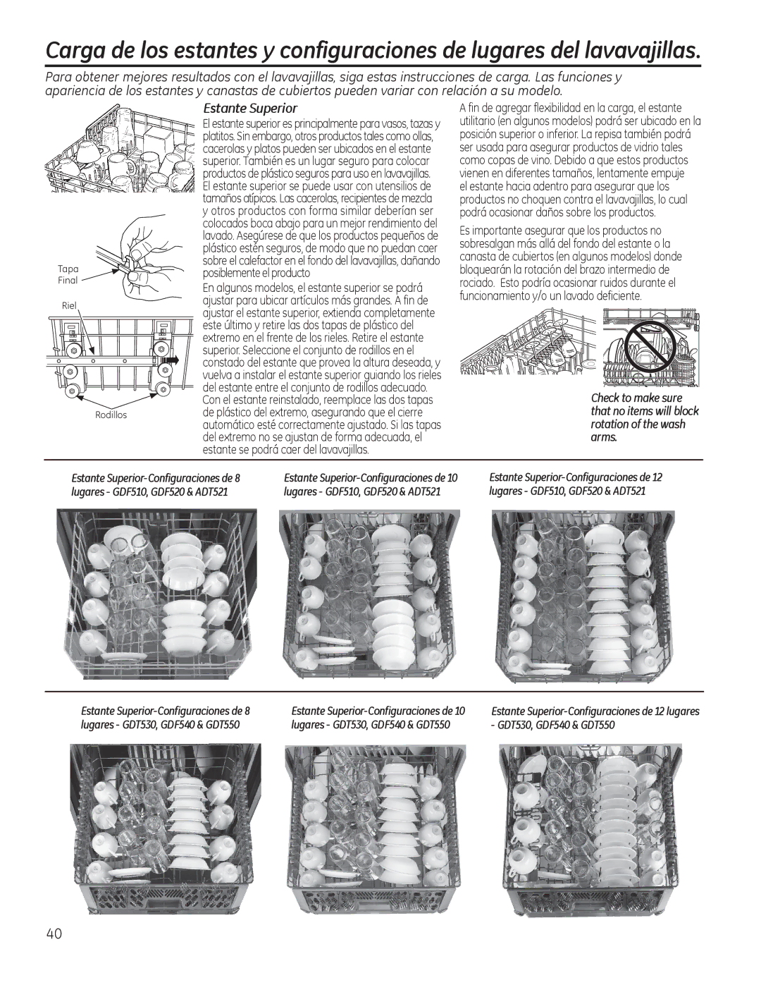 GE Series GDT530-550, Series GDF510-540 Estante Superior, Lugares GDF510, GDF520 & ADT521, Lugares GDT530, GDF540 & GDT550 