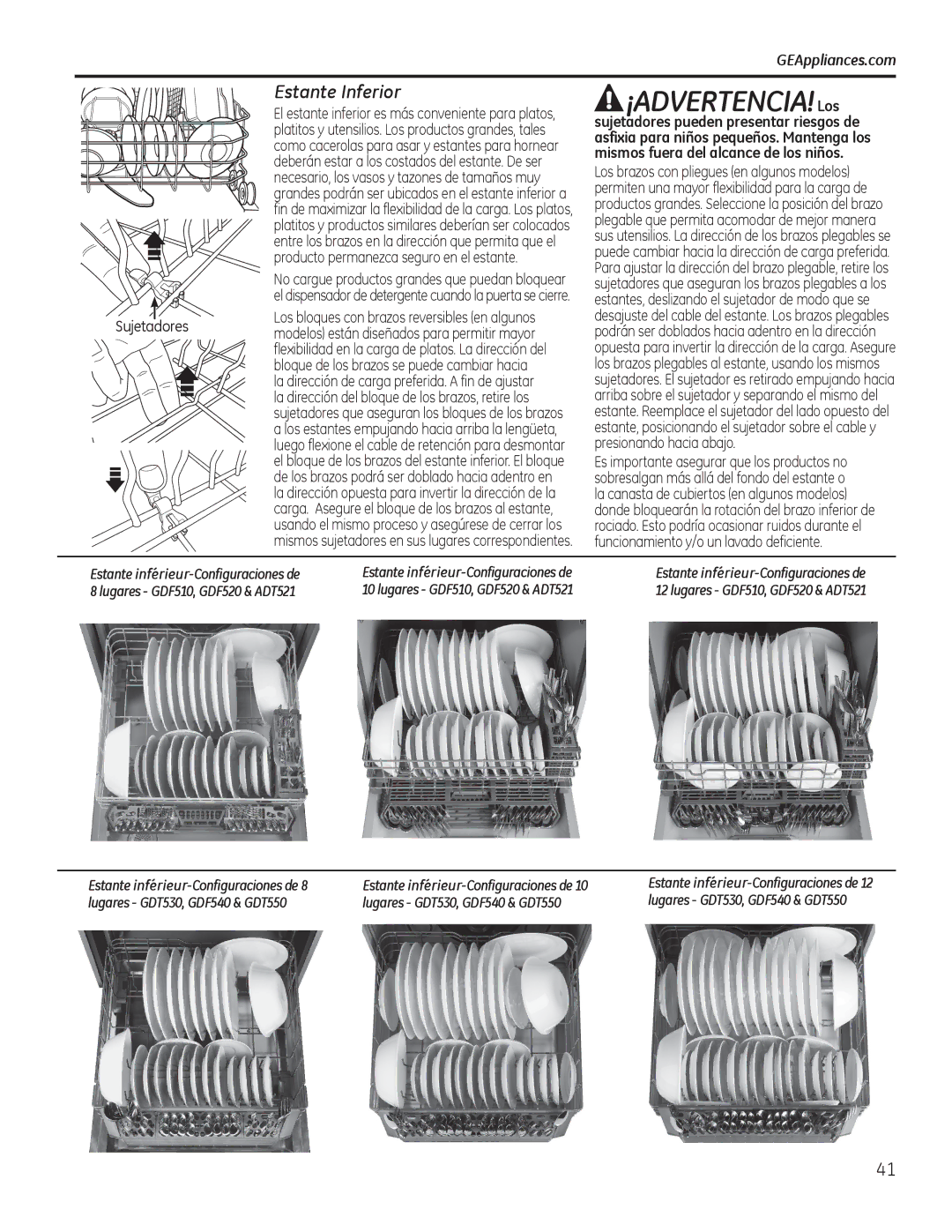 GE ADT520, Series GDF510-540 owner manual ¡ADVERTENCIA! Los, Estante Inferior, Sujetadores pueden presentar riesgos de 