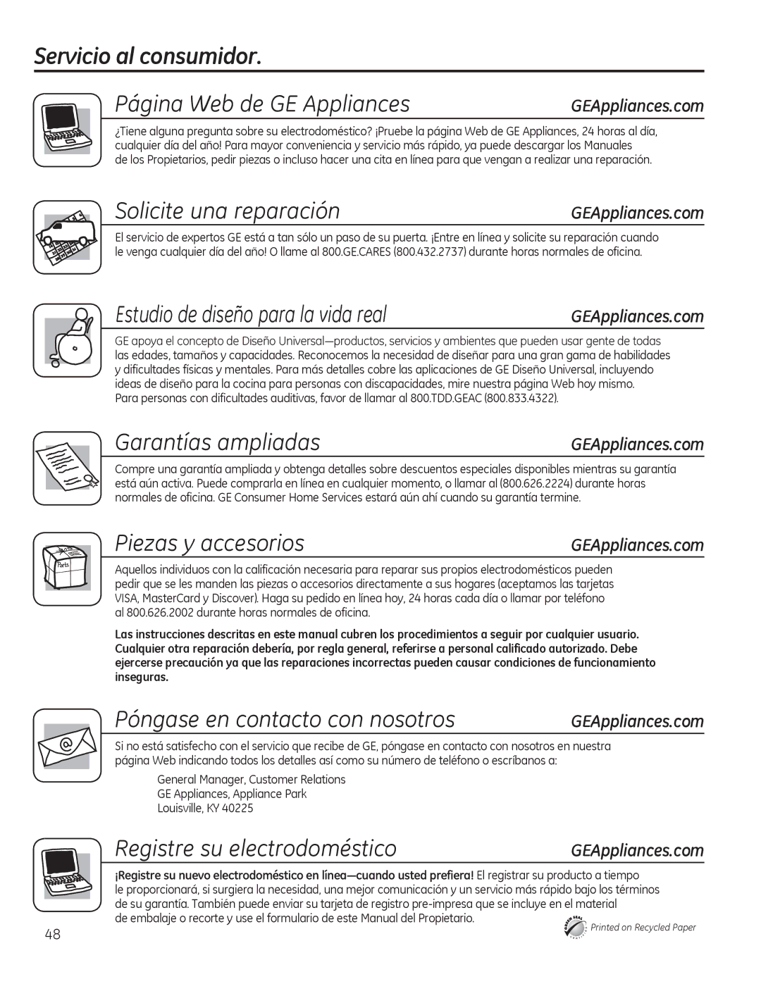 GE Series GDF510-540 Servicio al consumidor Página Web de GE Appliances, Solicite una reparación, Garantías ampliadas 