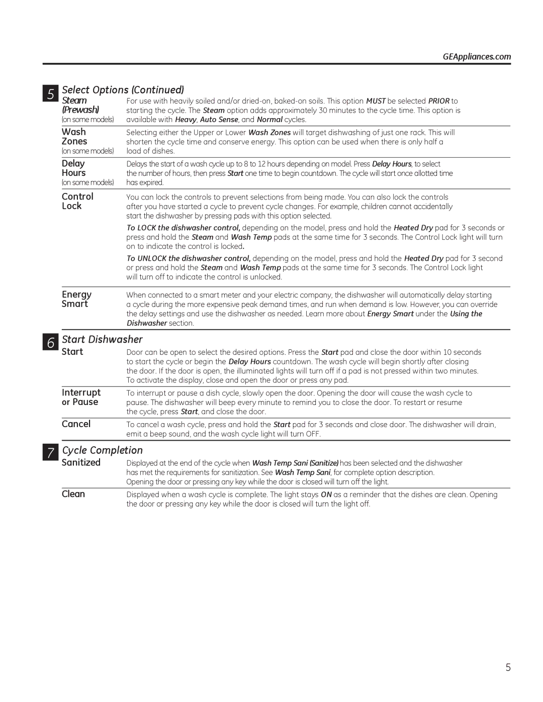 GE ADT520, Series GDF510-540, Series GDT530-550 Start Dishwasher, Cycle Completion, Steam, Prewash, Dishwasher section 