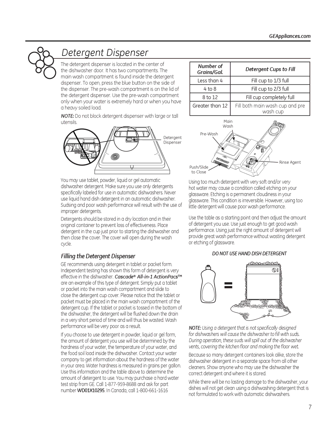 GE Series GDT530-550 Filling the Detergent Dispenser, GEAppliances.com, Number Detergent Cups to Fill, Wash cup 