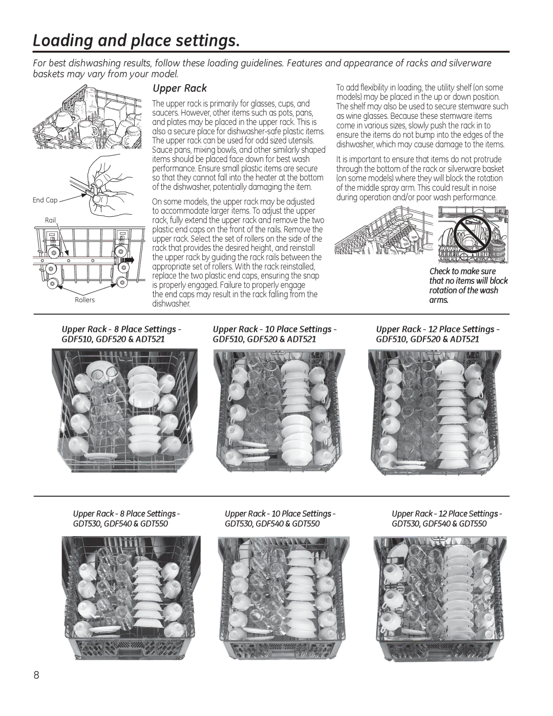 GE ADT520 owner manual Loading and place settings, Upper Rack, End caps may result in the rack falling from the dishwasher 