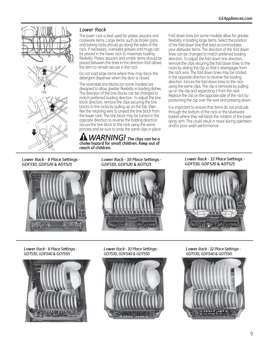 GE Series GDF510-540, Series GDT530-550, ADT520 owner manual Lower Rack, Item to remain secure in the rack, Reach of children 