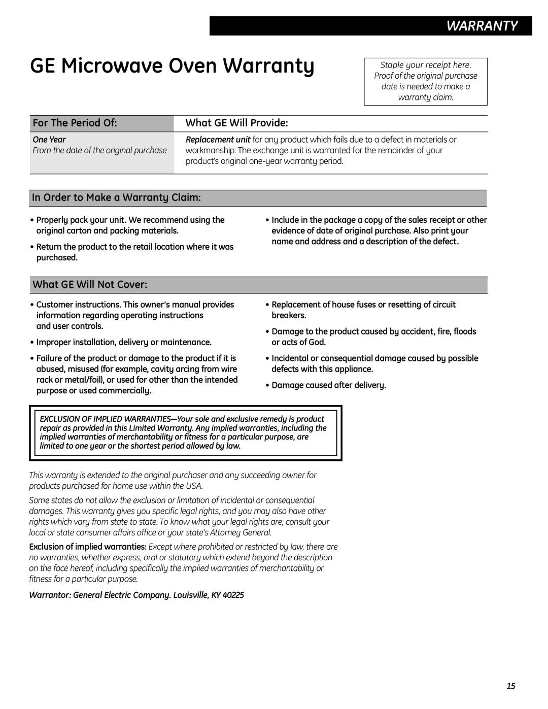 GE SES0732 For The Period What GE Will Provide, Order to Make a Warranty Claim, What GE Will Not Cover, One Year 