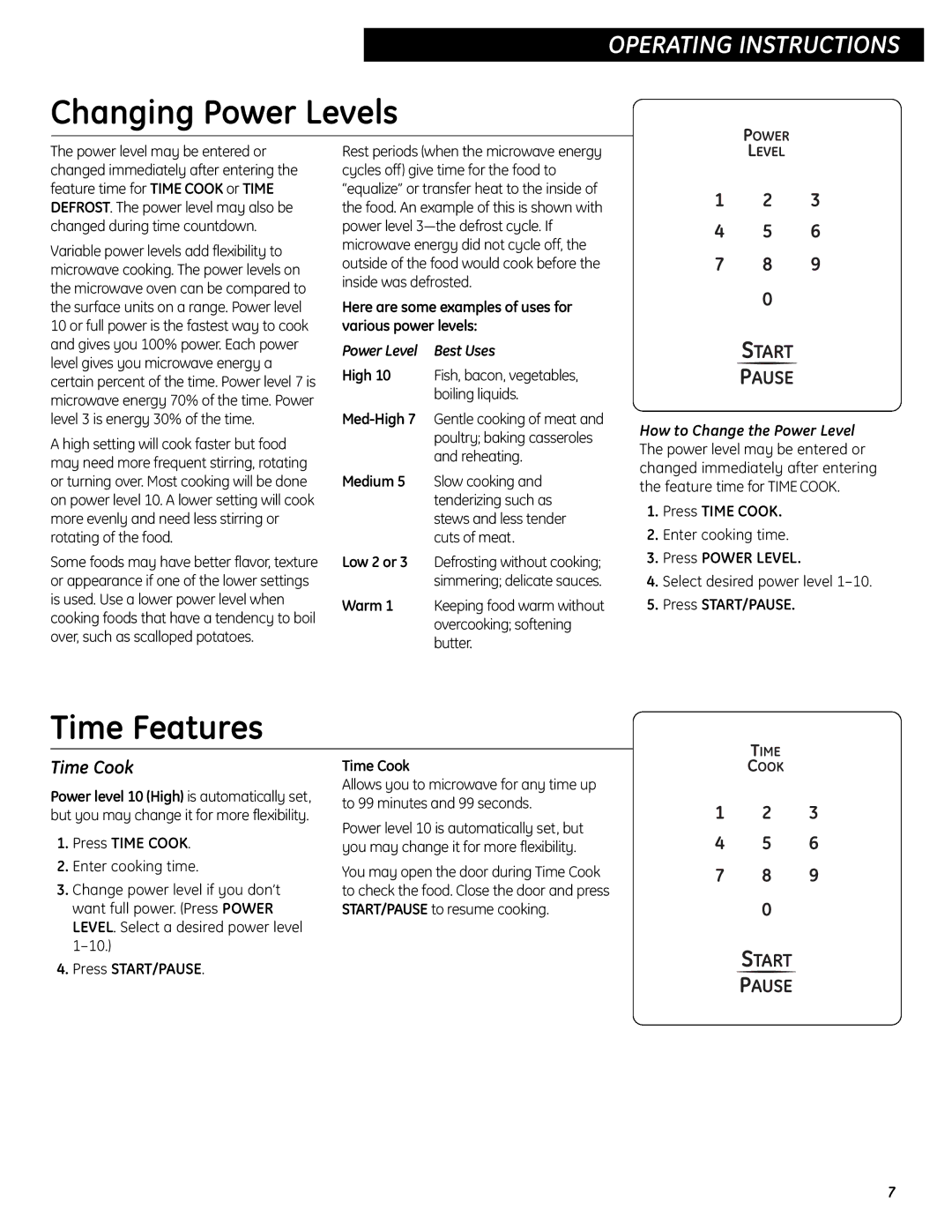 GE SES0732 quick start Changing Power Levels, Time Features, Time Cook, Power Level Best Uses 