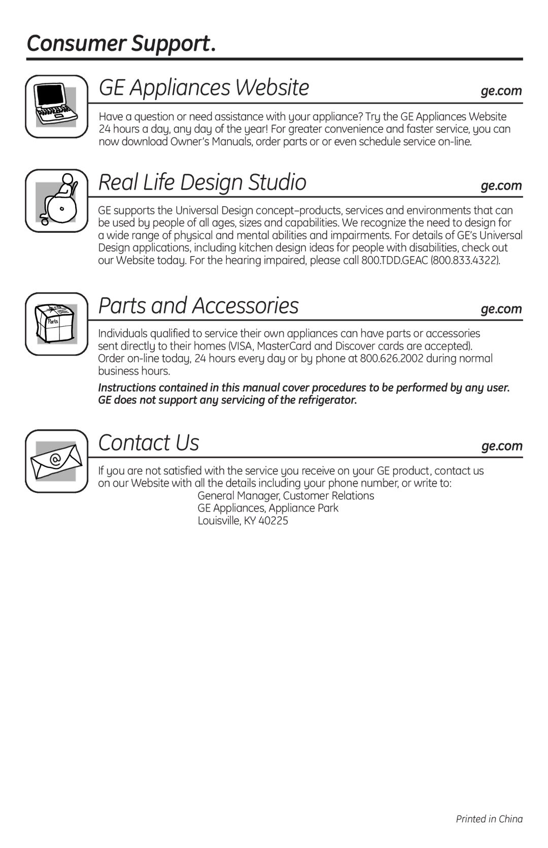 GE SFR03BAV, SMR03BAV Consumer Support GE Appliances Website, Real Life Design Studio, Parts and Accessories, Contact Us 