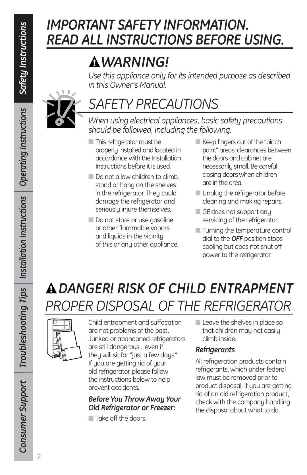 GE SFR03BAV, SMR03BAV owner manual Safety Precautions, Refrigerants 