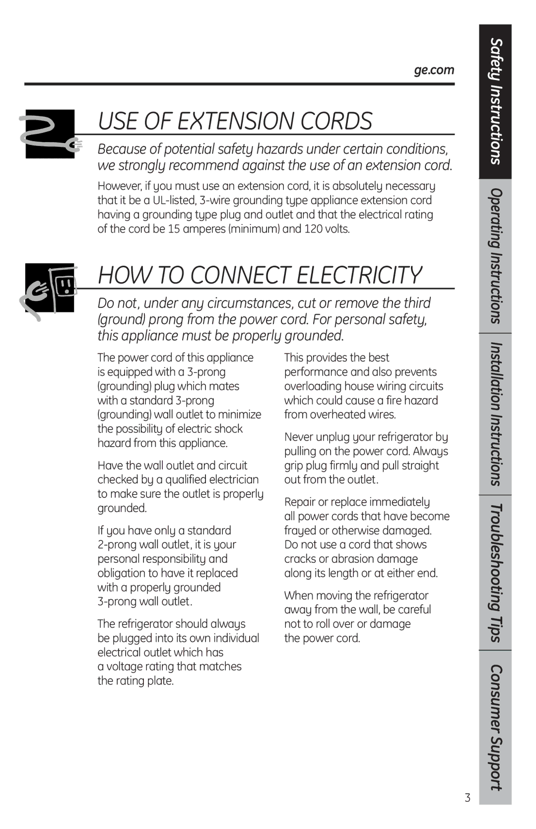 GE SMR03BAV, SFR03BAV owner manual USE of Extension Cords, Ge.com 