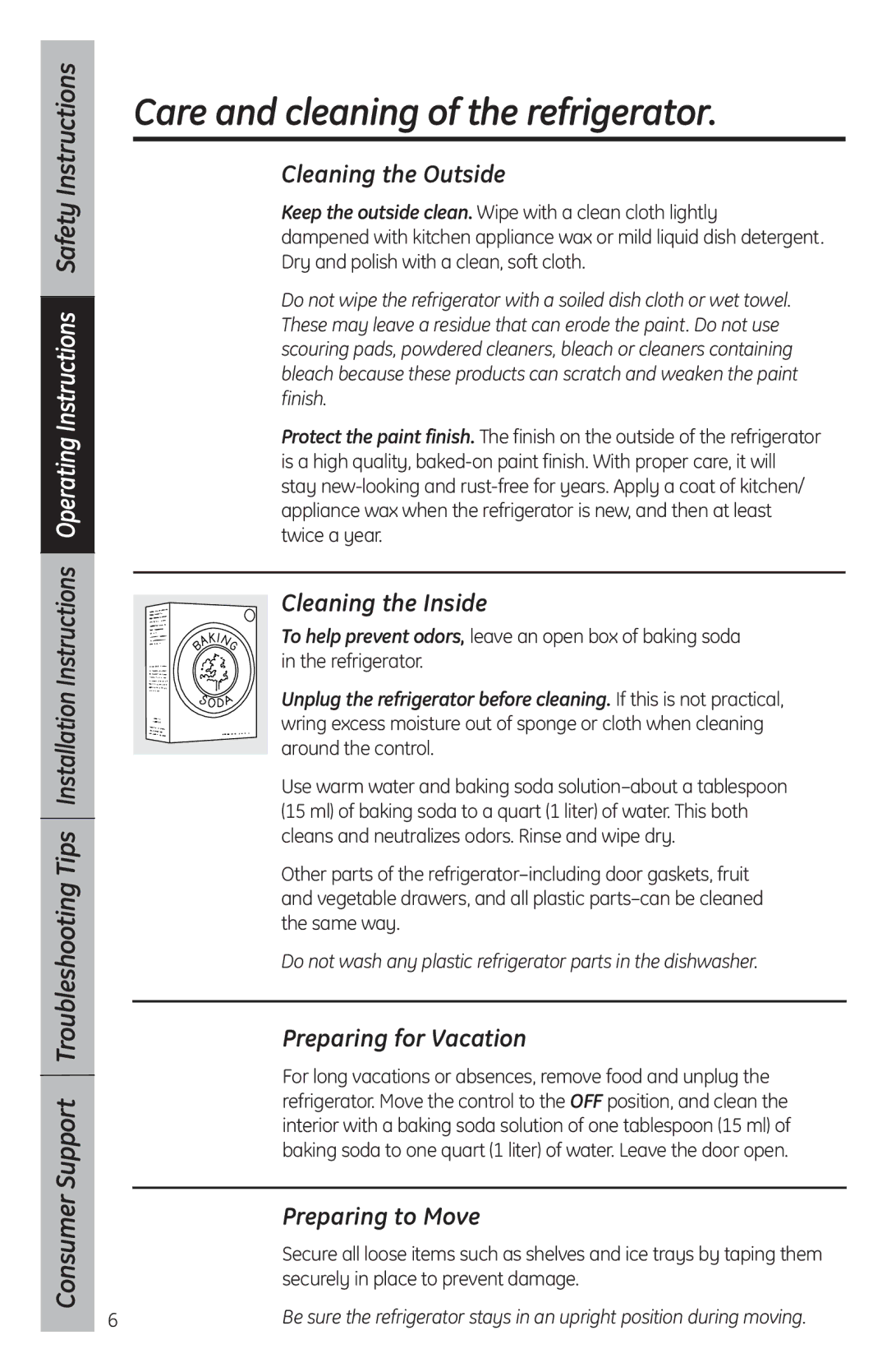 GE SFR03BAV Care and cleaning of the refrigerator, Cleaning the Outside, Cleaning the Inside, Preparing for Vacation 