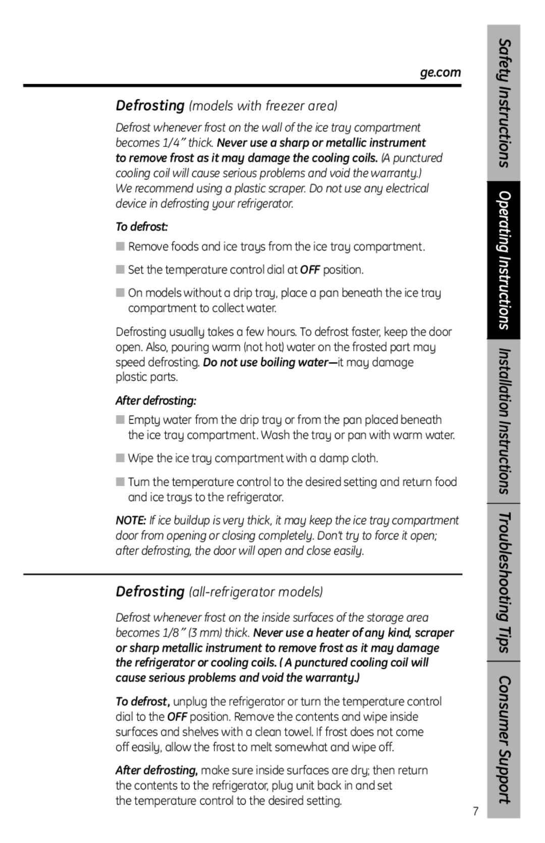 GE SMR03BAV, SFR03BAV owner manual To defrost, After defrosting 