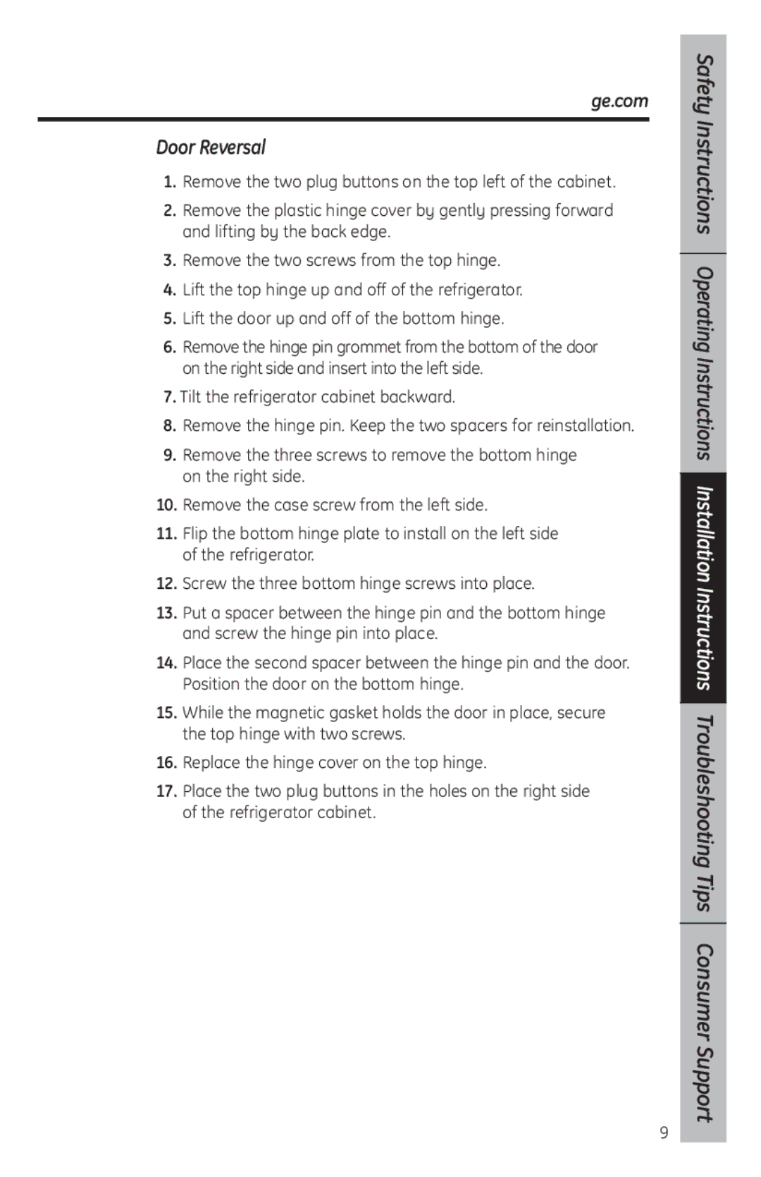 GE SMR03BAV, SFR03BAV owner manual Door Reversal 