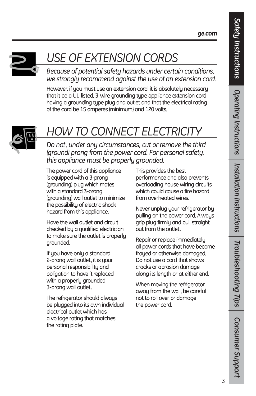 GE SMR03BAV Use Of Extension Cords, Safety Instructions Operating Instructions, ge.com, How To Connect Electricity 