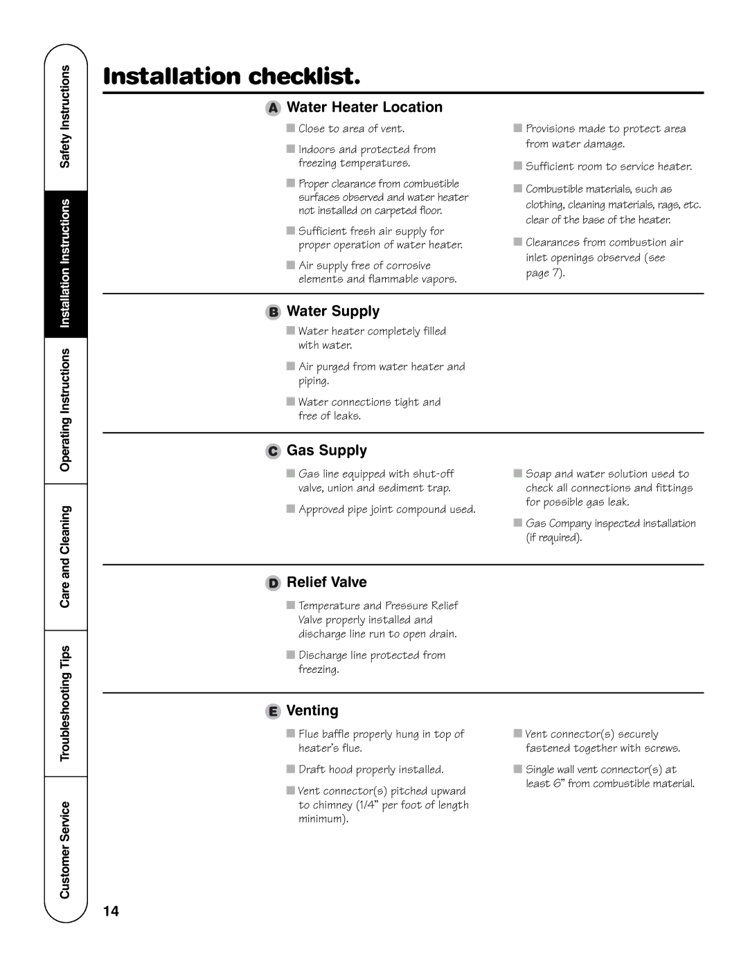 GE SG Series, HG Series, PG Series, GP Series, GG Series warranty Installation checklist, Water Heater Location, Water Supply 