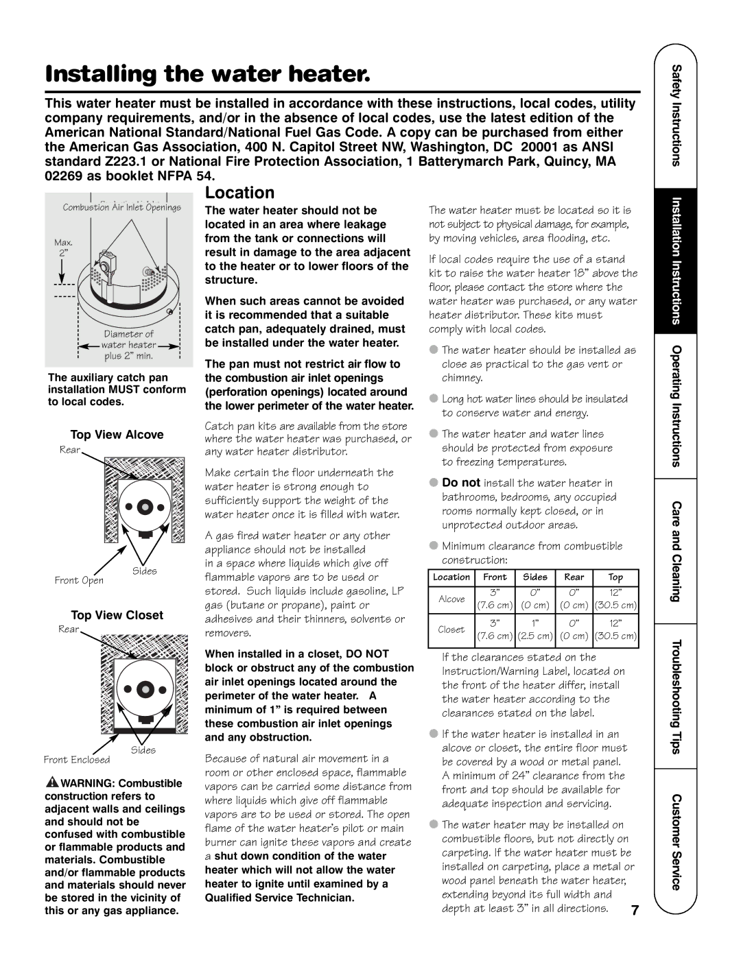 GE SG Series, HG Series, PG Series Installing the water heater, Safety Instructions, Top View Alcove, Top View Closet 