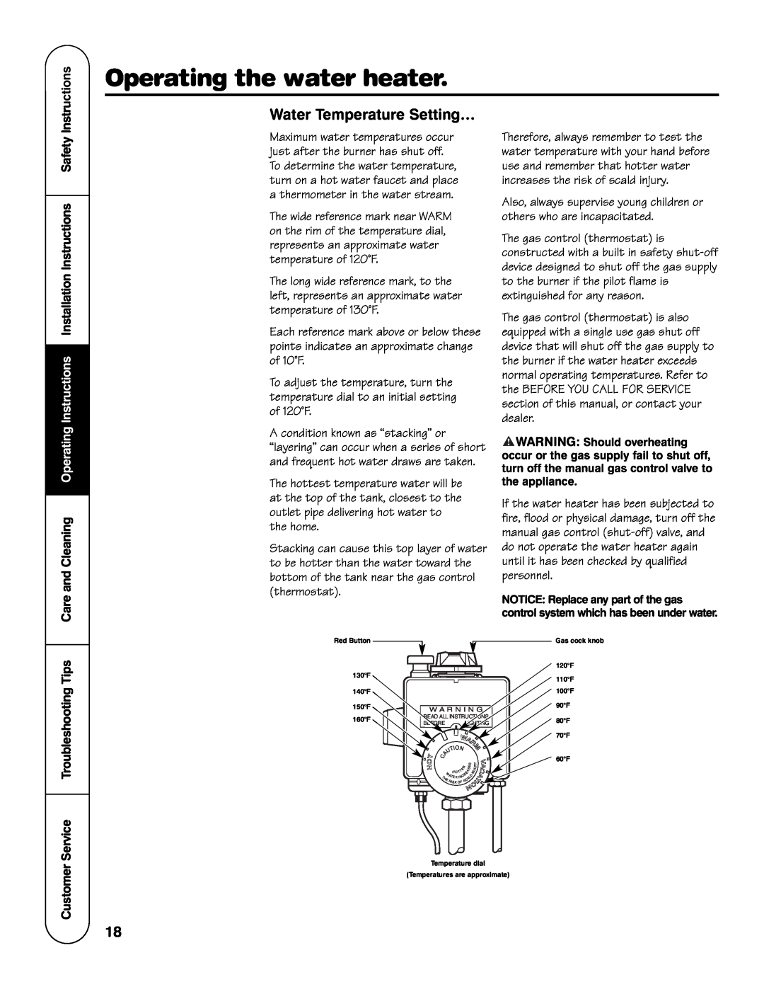 GE GG Series Water Temperature Setting…, Operating the water heater, Instructions, Service Troubleshooting Tips, Customer 
